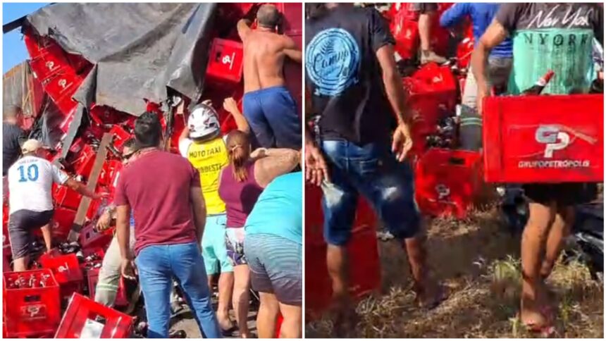video:-carga-de-cerveja-cai-de-caminhao-e-populacao-saqueia-bebidas