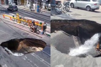 video:-cratera-se-abre-na-avenida-leste-oeste-em-fortaleza-e-moradores-filmam-vazamento-de-agua